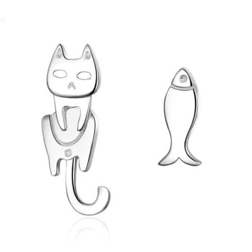 Brass Asymmetric Stud Earrings, Cat and Fish, plated, fashion jewelry & for woman, more colors for choice, earring length 5-20mm, Sold By Pair