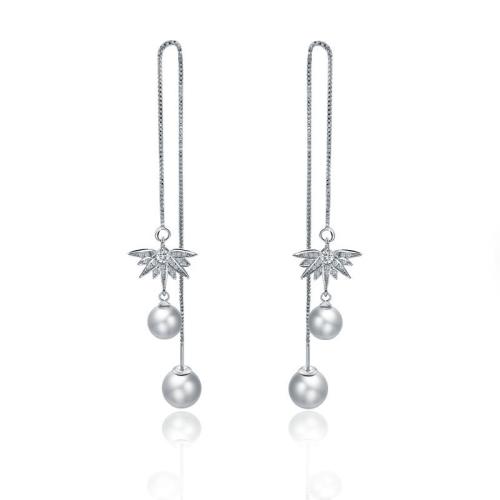 Tibetan Style Thread Through Earrings, with Plastic Pearl, platinum color plated, for woman & with rhinestone, 100mm, Sold By Pair