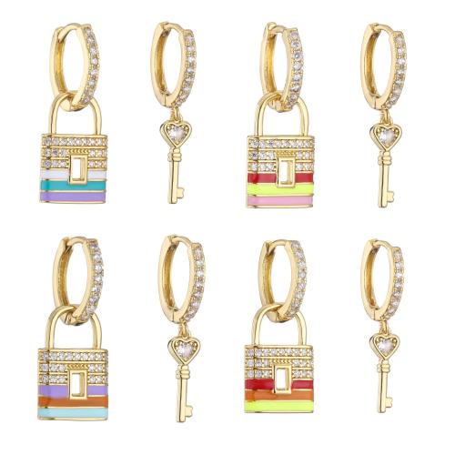 Brass Huggie Hoop Drop Earring, Lock and Key, gold color plated, micro pave cubic zirconia & for woman & enamel, more colors for choice, earring length 30-35mm, Sold By Pair