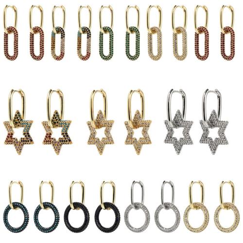 Brass Drop Earring, Lock and Key, gold color plated, different styles for choice & micro pave cubic zirconia & for woman, earring length 40-50mm, Sold By Pair
