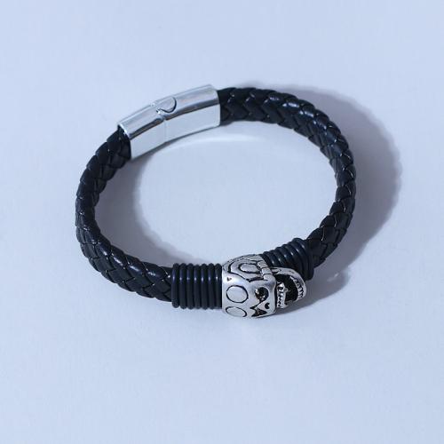 Tibetan Style Bracelet, with PU Leather, Skull, plated, Halloween Design & for woman, black, Length:Approx 8.3 Inch, Sold By PC