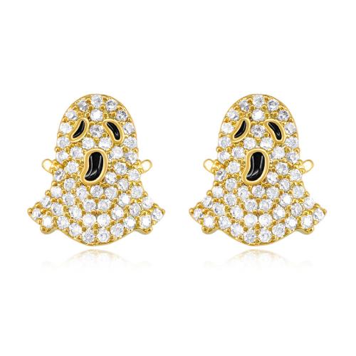 Brass Stud Earring, Ghost, gold color plated, Halloween Design & for woman & with rhinestone, 20mm, Sold By Pair