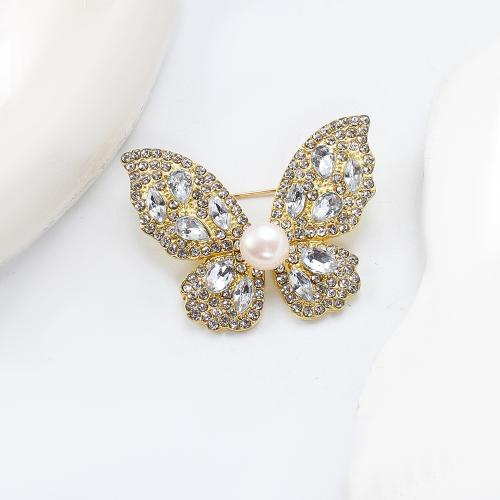 Freshwater Pearl Brooch, Tibetan Style, with Freshwater Pearl, Butterfly, gold color plated, fashion jewelry & with rhinestone, more colors for choice, 40.53x10.07x31.04mm, Sold By PC