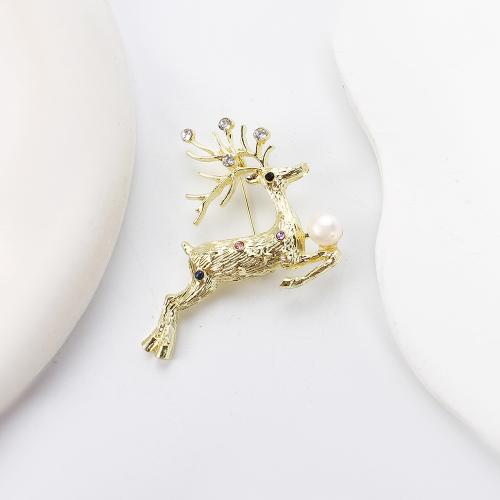 Freshwater Pearl Brooch, Tibetan Style, with Freshwater Pearl, Deer, gold color plated, fashion jewelry & with rhinestone, more colors for choice, 46.90x10.61x48.61mm, Sold By PC