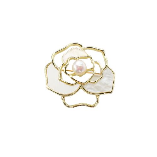 Freshwater Pearl Brooch, Tibetan Style, with Black Shell & White Shell & Freshwater Pearl, Flower, gold color plated, fashion jewelry, more colors for choice, 40.05x13.85x38.81mm, Sold By PC