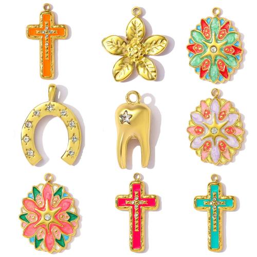 Stainless Steel Pendants, 304 Stainless Steel, gold color plated, DIY & enamel & with rhinestone, golden, 3PCs/Bag, Sold By Bag