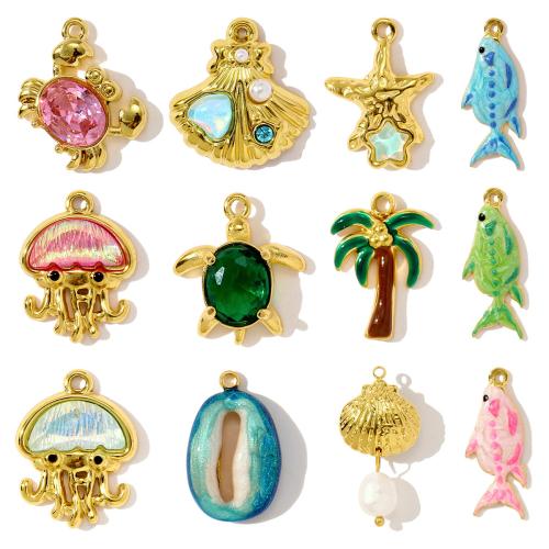 Stainless Steel Pendants, 304 Stainless Steel, gold color plated, DIY & micro pave cubic zirconia & enamel & with rhinestone, golden, 3PCs/Bag, Sold By Bag