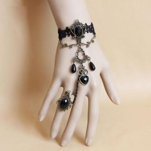 Gothic Bracelet Ring, Tibetan Style, with Lace & Resin & Plastic Pearl & Iron, handmade, fashion jewelry & for woman, black, Ring inner diameter 1.7cm, bracelet 15-20cm adjustable, Length:Approx 20 cm, Sold By PC