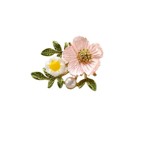 Freshwater Pearl Brooch, Tibetan Style, with Freshwater Pearl & Plastic, Flower, gold color plated, fashion jewelry, more colors for choice, 39.53x13.85x31.50mm, Sold By PC