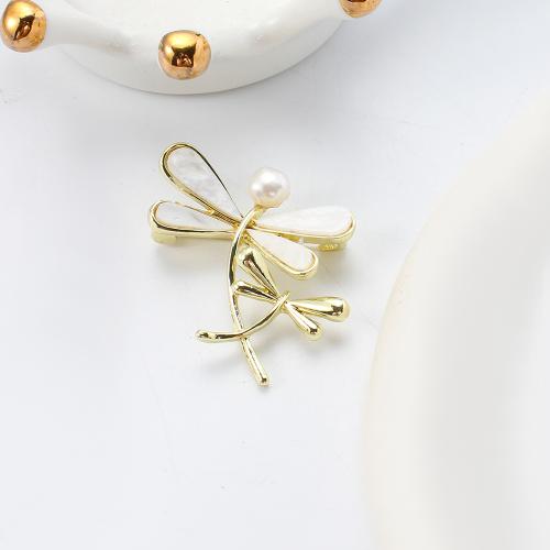 Freshwater Pearl Brooch, Tibetan Style, with White Shell & Freshwater Pearl, Dragonfly, gold color plated, fashion jewelry, more colors for choice, 44.71x10.31x39.70mm, Sold By PC