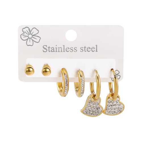 Stainless Steel Drop Earring, 304 Stainless Steel, three pieces & different styles for choice & for woman & enamel & with rhinestone, golden, Sold By Set
