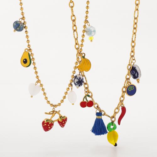 Stainless Steel Jewelry Necklace, 304 Stainless Steel, with Porcelain & Polyester Cord, plated, different styles for choice & for woman & enamel, golden, Sold By PC