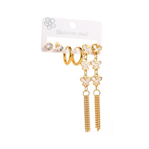 Stainless Steel Drop Earring, 304 Stainless Steel, with White Shell, plated, three pieces & different styles for choice & for woman & with rhinestone, golden, Sold By Set
