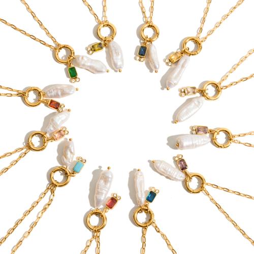 Natural Freshwater Pearl Necklace, 304 Stainless Steel, with Freshwater Pearl, plated, different styles for choice & for woman & with rhinestone, golden, Sold By PC