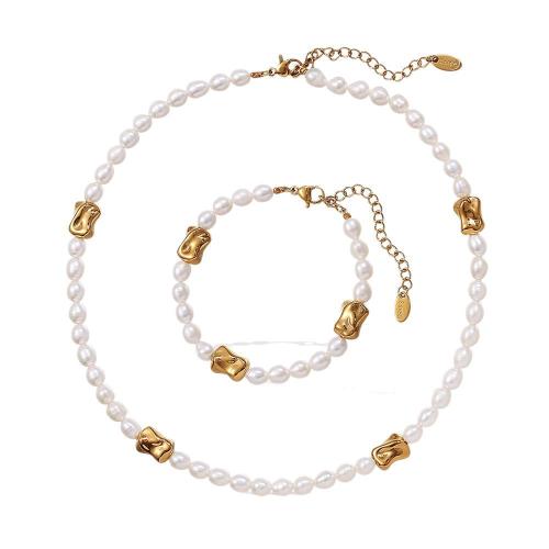 Natural Cultured Freshwater Pearl Jewelry Sets, 304 Stainless Steel, with Freshwater Pearl, plated, fashion jewelry & different styles for choice & for woman, golden, Sold By PC
