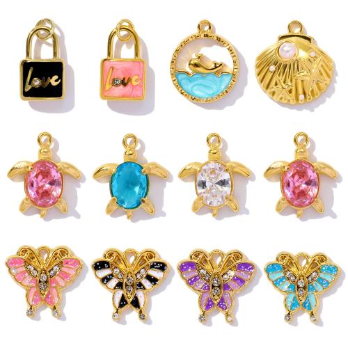 Stainless Steel Pendants, 304 Stainless Steel, with ABS Plastic Pearl, plated, DIY & micro pave cubic zirconia & enamel & with rhinestone, more colors for choice, 3PCs/Bag, Sold By Bag