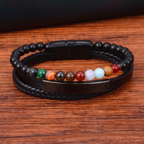 PU Leather Bracelet, with Gemstone & 304 Stainless Steel, multilayer & different size for choice & for man, Sold By PC