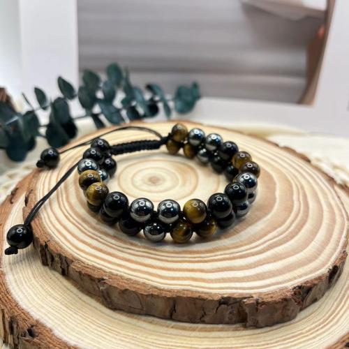 Obsidian Bracelet, with Black Magnetic Stone & Wax Cord & Tiger Eye, Round, handmade, Double Layer & adjustable & for man, beads length 8mm, Length:Approx 7-10 Inch, Sold By PC