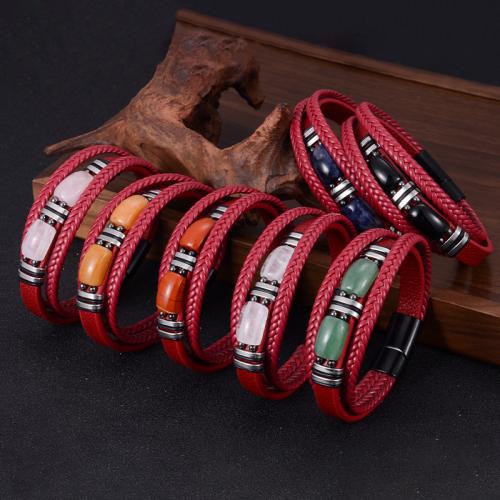 PU Leather Bracelet, with Gemstone & Tibetan Style, multilayer & Unisex & different size for choice, more colors for choice, Sold By PC