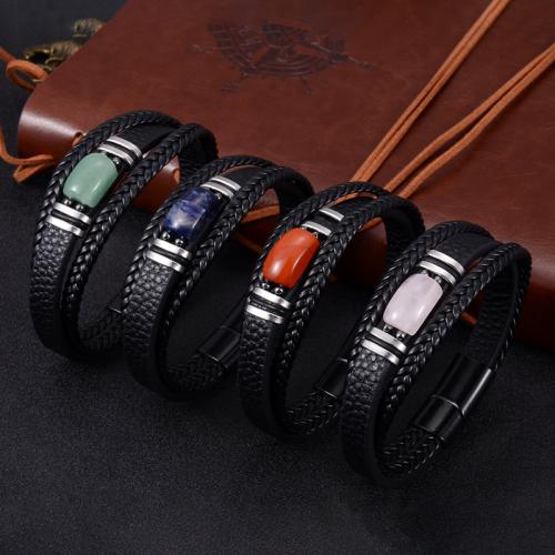 PU Leather Bracelet, with Gemstone & 304 Stainless Steel, handmade, multilayer & different materials for choice & different size for choice & for man, Sold By PC
