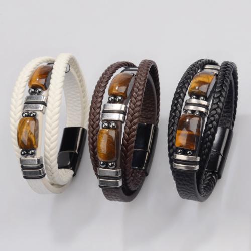 PU Leather Bracelet, with Tiger Eye & 304 Stainless Steel, handmade, multilayer & different materials for choice & for man, more colors for choice, Sold By PC