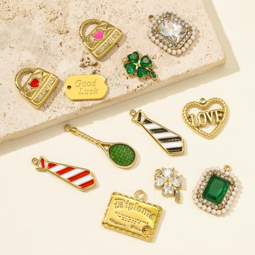 Stainless Steel Pendants, 304 Stainless Steel, with ABS Plastic Pearl, gold color plated, DIY & micro pave cubic zirconia & enamel, more colors for choice, 3PCs/Bag, Sold By Bag