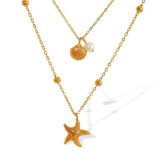Collier de bijoux en acier inoxydable, Acier inoxydable 304, avec perle de plastique, Placage, Double couche & bijoux de mode & pour femme, doré, Vendu par PC