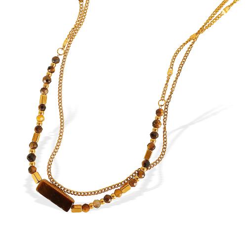 Collier de bijoux en acier inoxydable, Acier inoxydable 304, avec oeil de tigre, Placage de couleur d'or, Double couche & bijoux de mode & pour femme, Vendu par PC