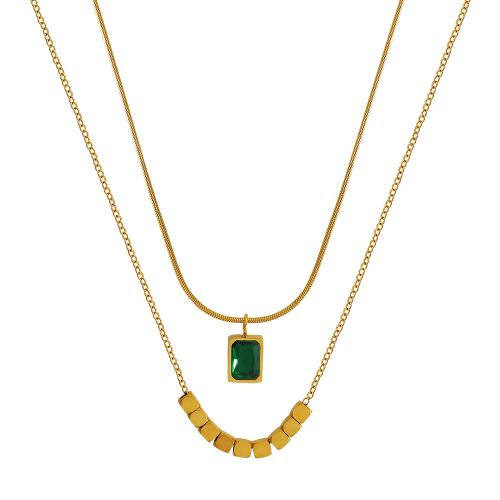 Collier de bijoux en acier inoxydable, Acier inoxydable 304, avec zircon cubique, Plaqué or 18K, Double couche & bijoux de mode & pour femme, Vendu par PC