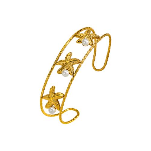 Acier inoxydable 304 bracelet manchette, avec perle de plastique, Placage, styles différents pour le choix & pour femme & creux, doré, Vendu par PC