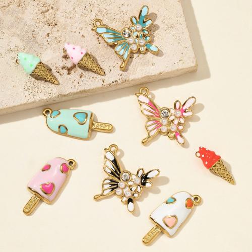 Bijoux pendentifs en acier inoxydable , Acier inoxydable 304, avec Plastique ABS perle, Placage de couleur d'or, DIY & émail & avec strass, plus de couleurs à choisir, 3PC/sac, Vendu par sac