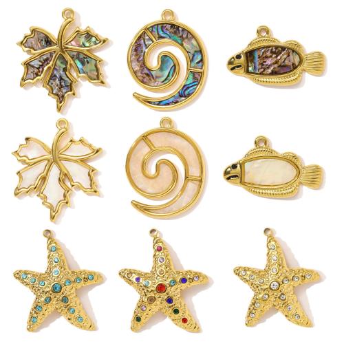 Bijoux pendentifs en acier inoxydable , Acier inoxydable 304, avec coquille, Placage de couleur d'or, DIY & avec strass, plus de couleurs à choisir, 3PC/sac, Vendu par sac