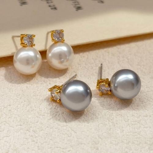Glass Pearl Earring, with Brass, plated, fashion jewelry & micro pave cubic zirconia, more colors for choice, 10x10mm, Sold By Pair