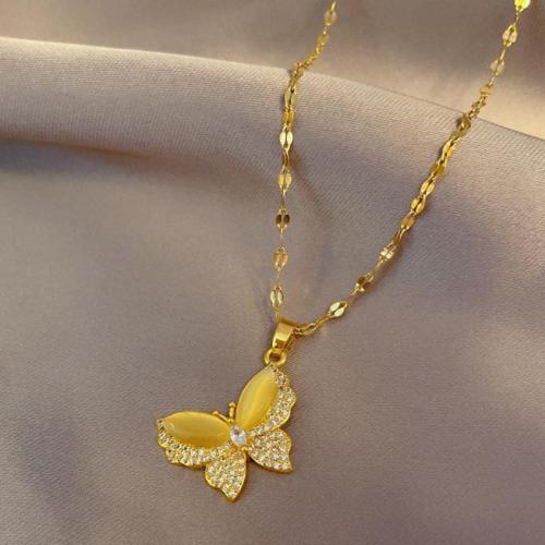 Collier d'acier titane, avec laiton, Placage, bijoux de mode & pavé de micro zircon & pour femme, doré, Longueur:Environ 21-50 cm, Vendu par PC
