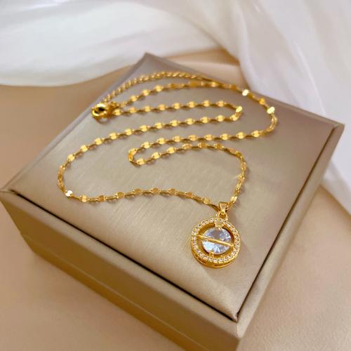 Titanium Steel Necklace, with Brass, plated, micro pave cubic zirconia & for woman & hollow, golden, Length:Approx 21-50 cm, Sold By PC