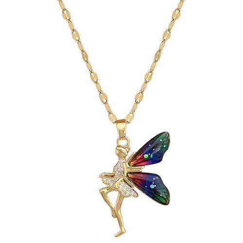 Titanium Steel Necklace, with Resin & Brass, plated, fashion jewelry & micro pave cubic zirconia & for woman, golden, Sold By PC