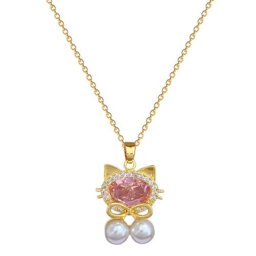 Titanium Steel Necklace, with Plastic Pearl & Brass, plated, fashion jewelry & micro pave cubic zirconia & for woman, golden, Sold By PC