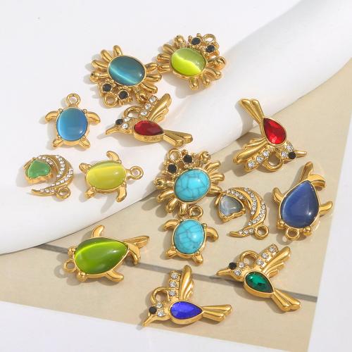 Pendentifs Oeil de chat, Acier inoxydable 304, avec Pierre naturelle & Oeil de chat, Placage, DIY & avec strass, plus de couleurs à choisir, 10PC/sac, Vendu par sac