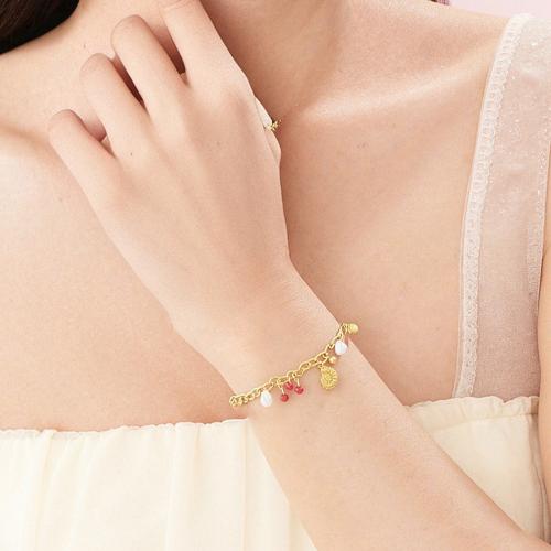 Bijoux bracelet en acier inoxydable, Acier inoxydable 304, avec perle de plastique, Placage de couleur d'or, bijoux de mode & émail, doré, Longueur:21 cm, Vendu par PC