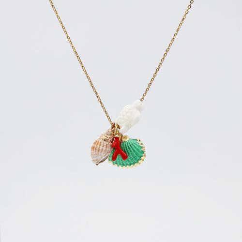 Colliers coquillage, Acier inoxydable 304, avec chaîne en acier inoxydable & porcelaine & coquille, Placage, bijoux de mode & pour femme, doré, Vendu par PC