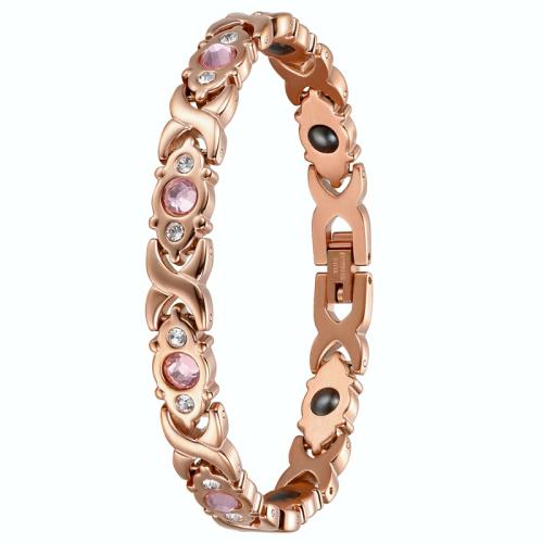 304 Edelstahl Armband, mit Schwarz+Magnet+Stein & Glas, für Frau & mit Strass, Roségold, Länge:ca. 7.7 ZollInch, verkauft von PC