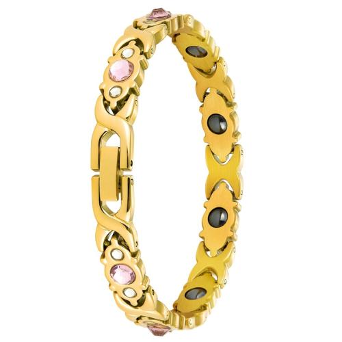 304 Edelstahl Armband, mit Schwarz+Magnet+Stein & Glas, für Frau & mit Strass, Goldfarbe, Länge:ca. 7.7 ZollInch, verkauft von PC