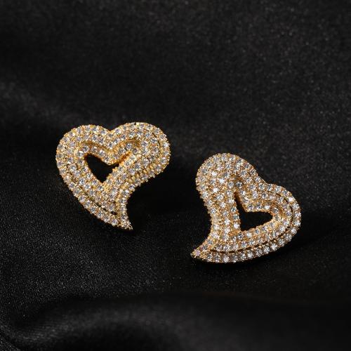 laiton boucle d oreille dormeuse, coeur, Placage, pavé de micro zircon & pour femme & creux, plus de couleurs à choisir, 15.40mm, Vendu par paire