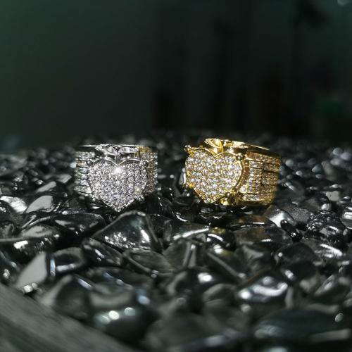 laiton bague, coeur, Placage, unisexe & normes différentes pour le choix & pavé de micro zircon, plus de couleurs à choisir, Taille:6-10, Vendu par PC