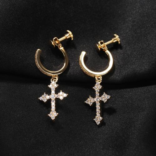 laiton Boucle d'oreille goutte, croix, Placage, pavé de micro zircon & pour homme, plus de couleurs à choisir, Vendu par paire