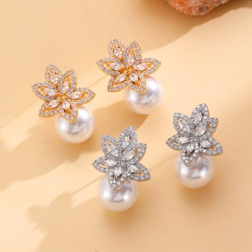 Cubic Zircon (CZ) Stud Earring, Tibetan Style, with ABS Plastic Pearl, gold color plated, fashion jewelry & micro pave cubic zirconia, more colors for choice, Sold By Pair
