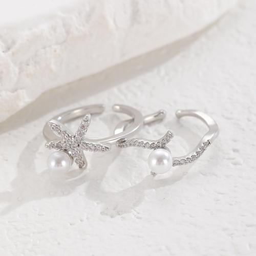 Brass Finger Ring, with ABS Plastic Pearl, plated, fashion jewelry & with rhinestone, silver color, nickel, lead & cadmium free, Sold By Bag