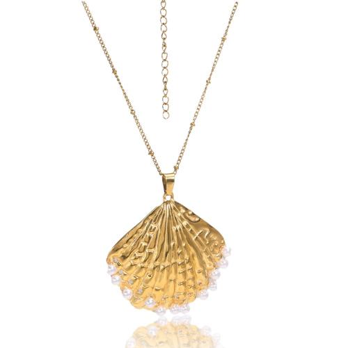Collier de bijoux en acier inoxydable, Acier inoxydable 304, avec perle de plastique, coquille, Placage de couleur d'or, bijoux de mode & émail, doré, Vendu par PC