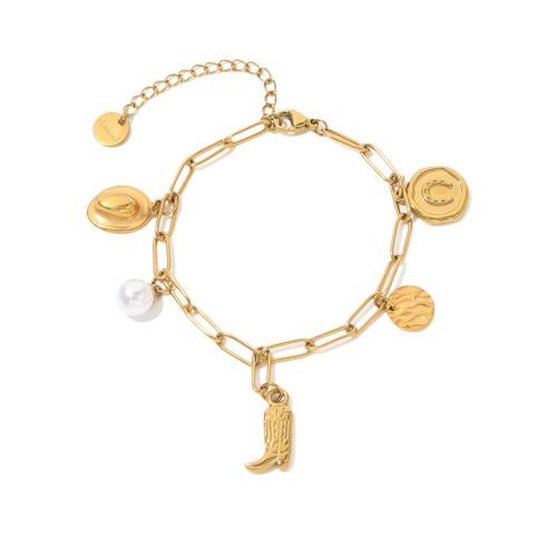 Bijoux bracelet en acier inoxydable, Acier inoxydable 304, avec perle de plastique, Placage de couleur d'or, bijoux de mode, doré, Vendu par PC