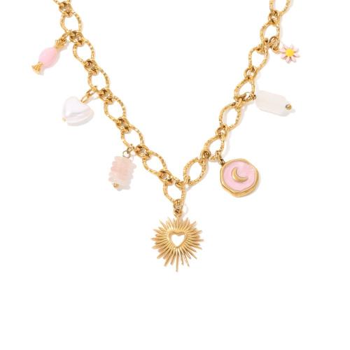 Collier de bijoux en acier inoxydable, Acier inoxydable 304, avec pierre gemme & perle de plastique, Placage de couleur d'or, bijoux de mode & émail, doré, Vendu par PC